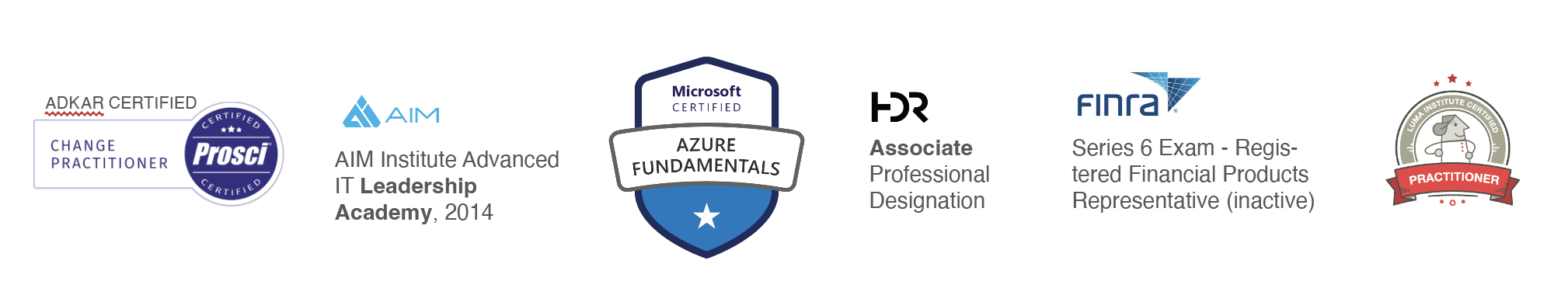 Certification badges: Prosci ADKAR, AIM IT Leadership Academy, Microsoft Azure Fundamentals, HDR Associate, FINRA Series 6